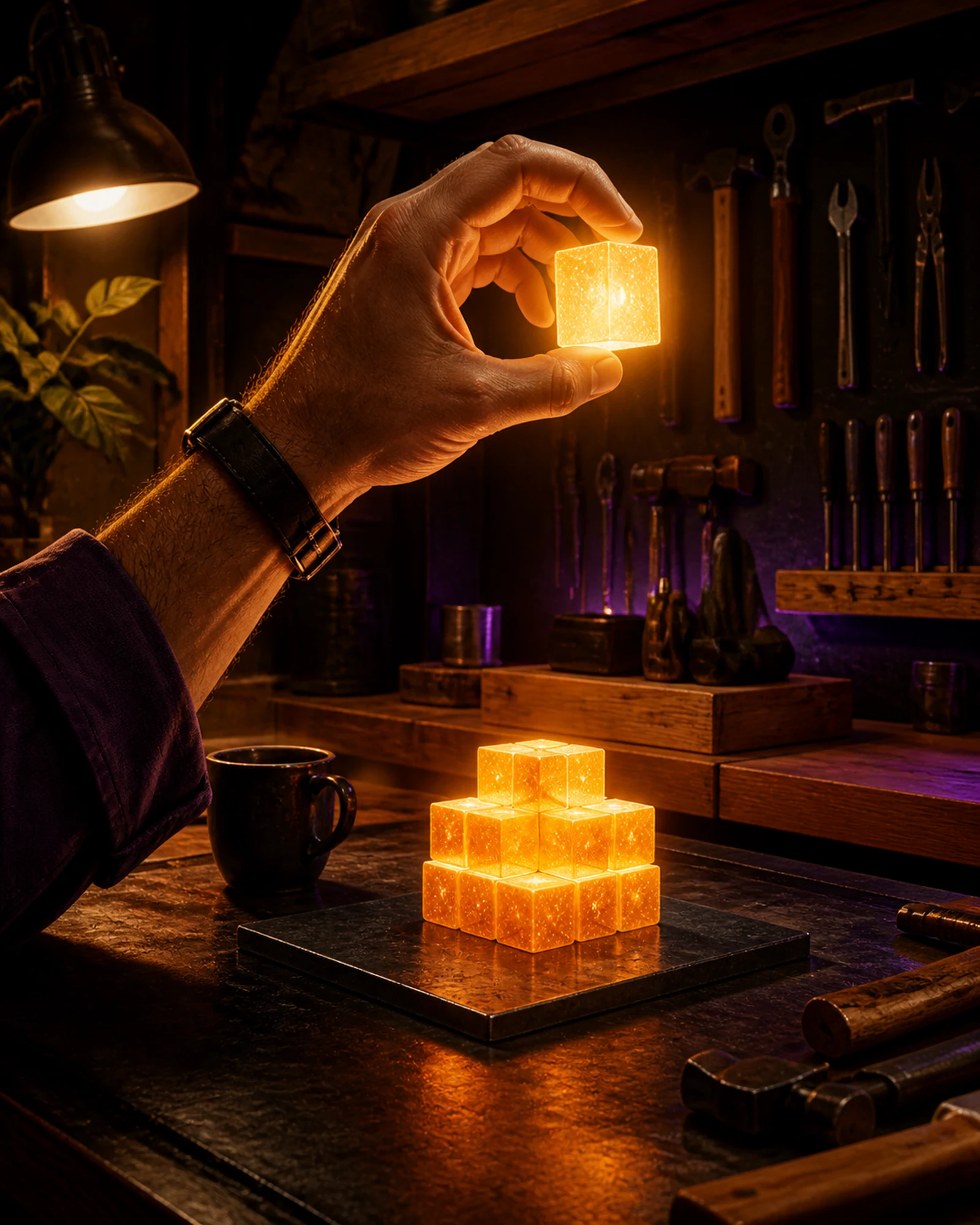 A hand lifts one glowing orange Resource from an ordered stack