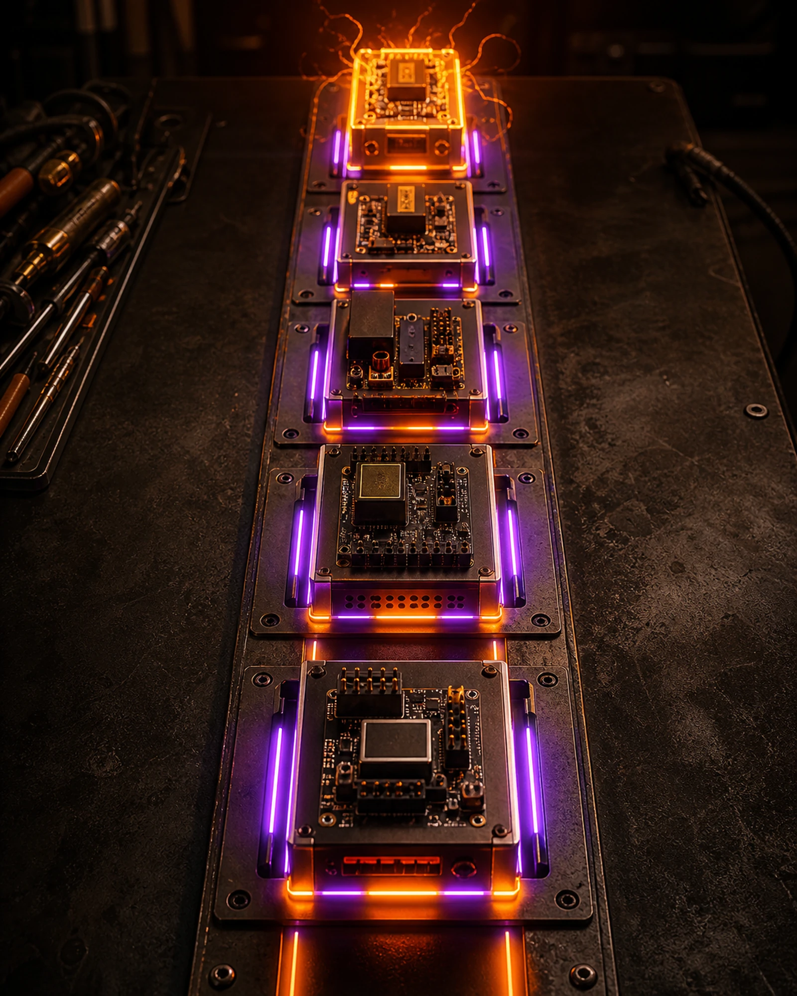 Hand-built devices wait in order on a violet-and-orange Queue rail