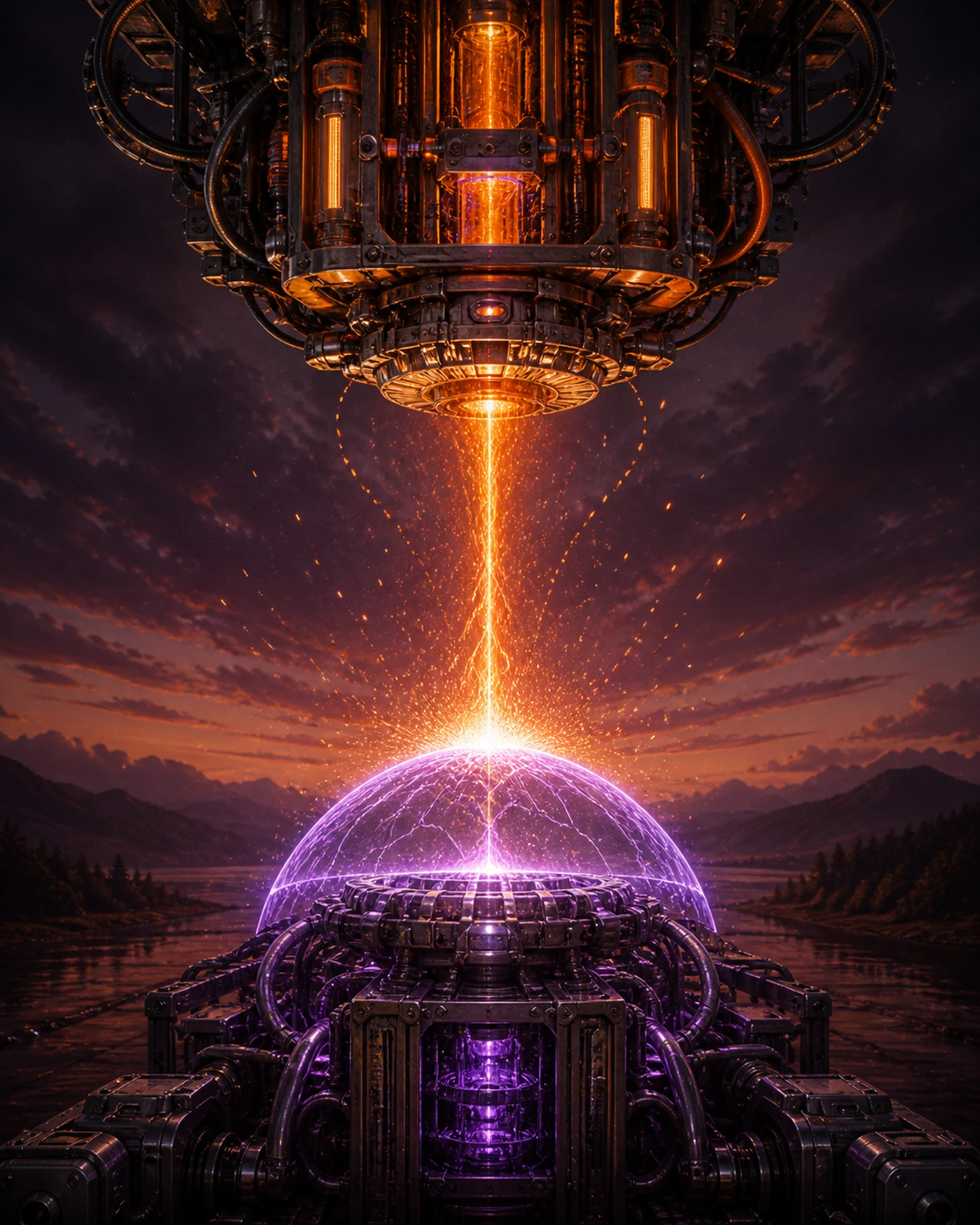 Orange energy meets a violet resilience dome between two engineered rigs